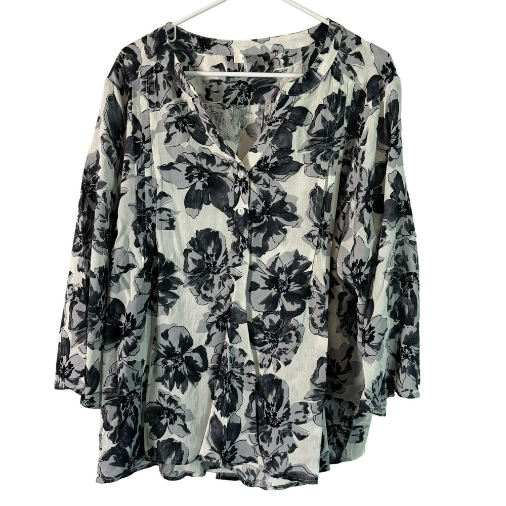 Monday Fun Tunic Women Plus Size 2X Gray Floral Rayon 3/4 Sleeve